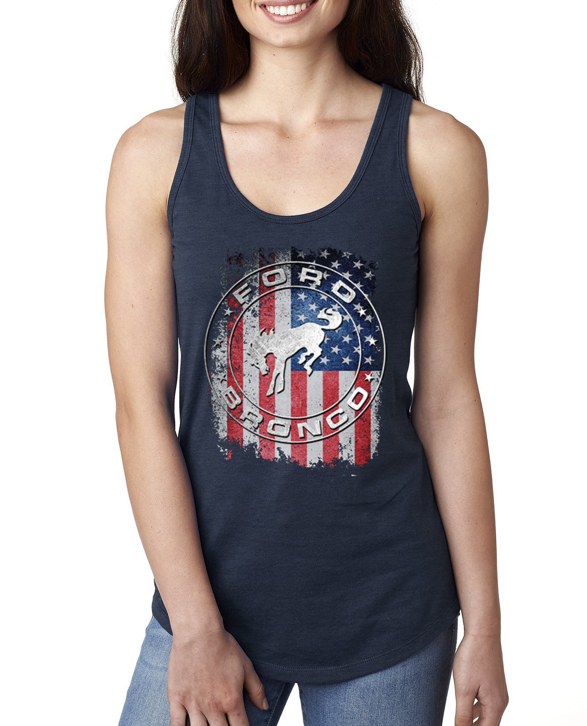US Flag Ford Bronco Cars and Trucks Ladies Racerback Tank Top