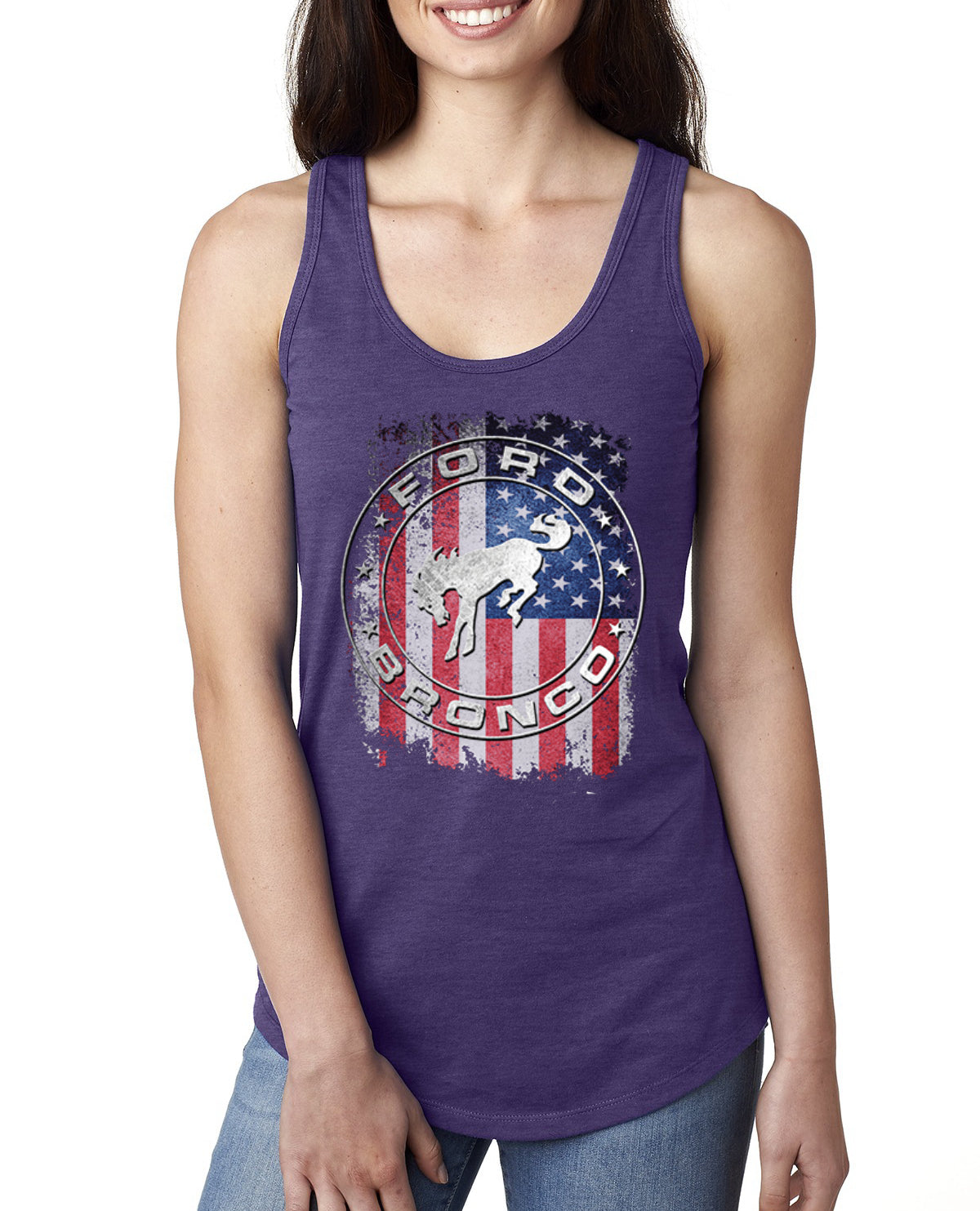 US Flag Ford Bronco Cars and Trucks Ladies Racerback Tank Top