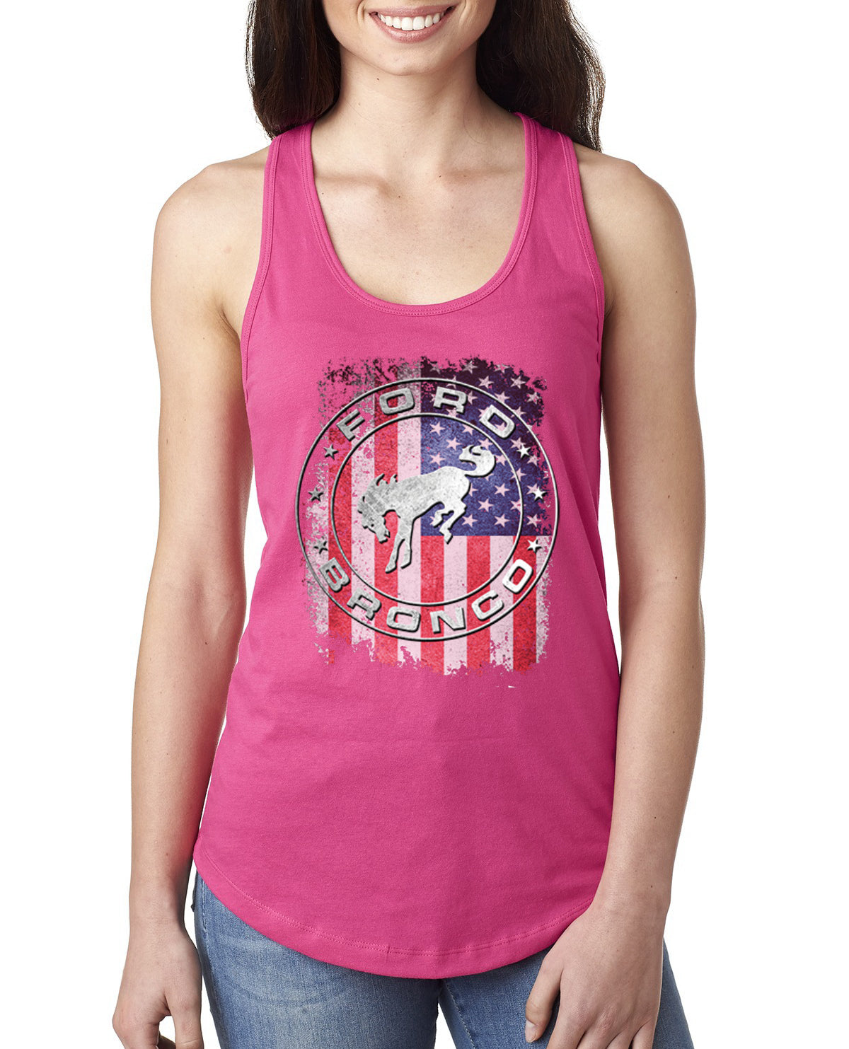 US Flag Ford Bronco Cars and Trucks Ladies Racerback Tank Top