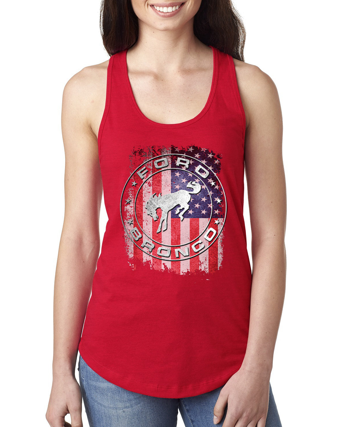 US Flag Ford Bronco Cars and Trucks Ladies Racerback Tank Top