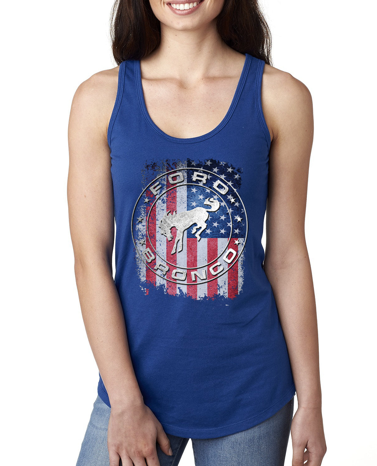 US Flag Ford Bronco Cars and Trucks Ladies Racerback Tank Top