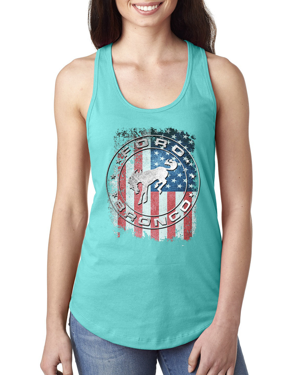 US Flag Ford Bronco Cars and Trucks Ladies Racerback Tank Top