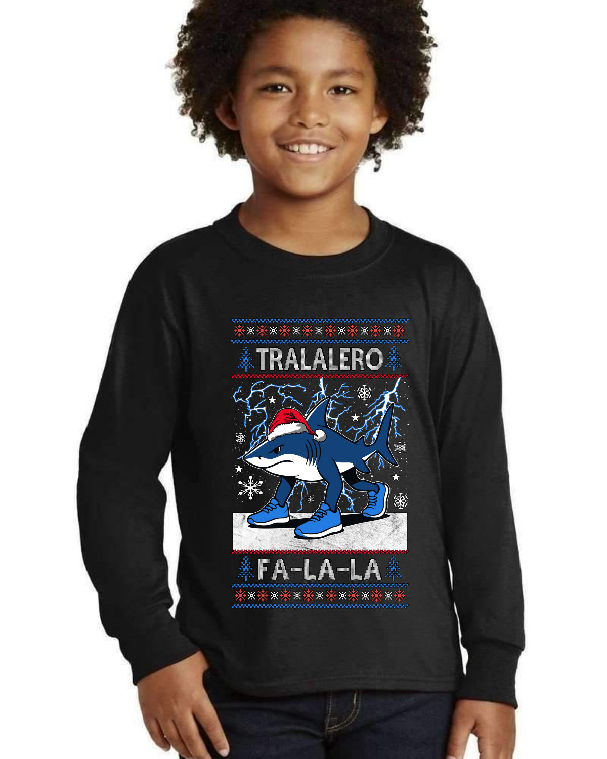Tralalero Fa La La Brainrot Ugly Christmas Sweater For Kids | Youth Longsleeve Shirt