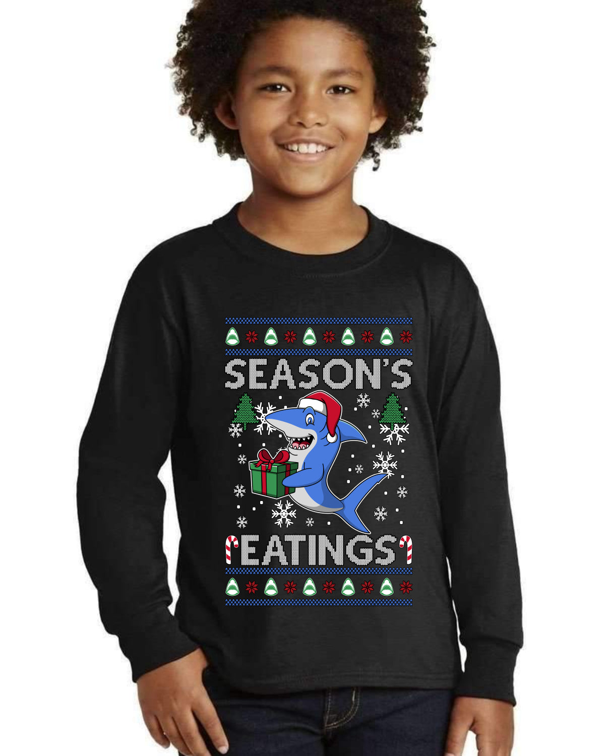 Season's Eatings Shark Ugly Christmas Sweater For Kids | Youth Longsleeve Shirt