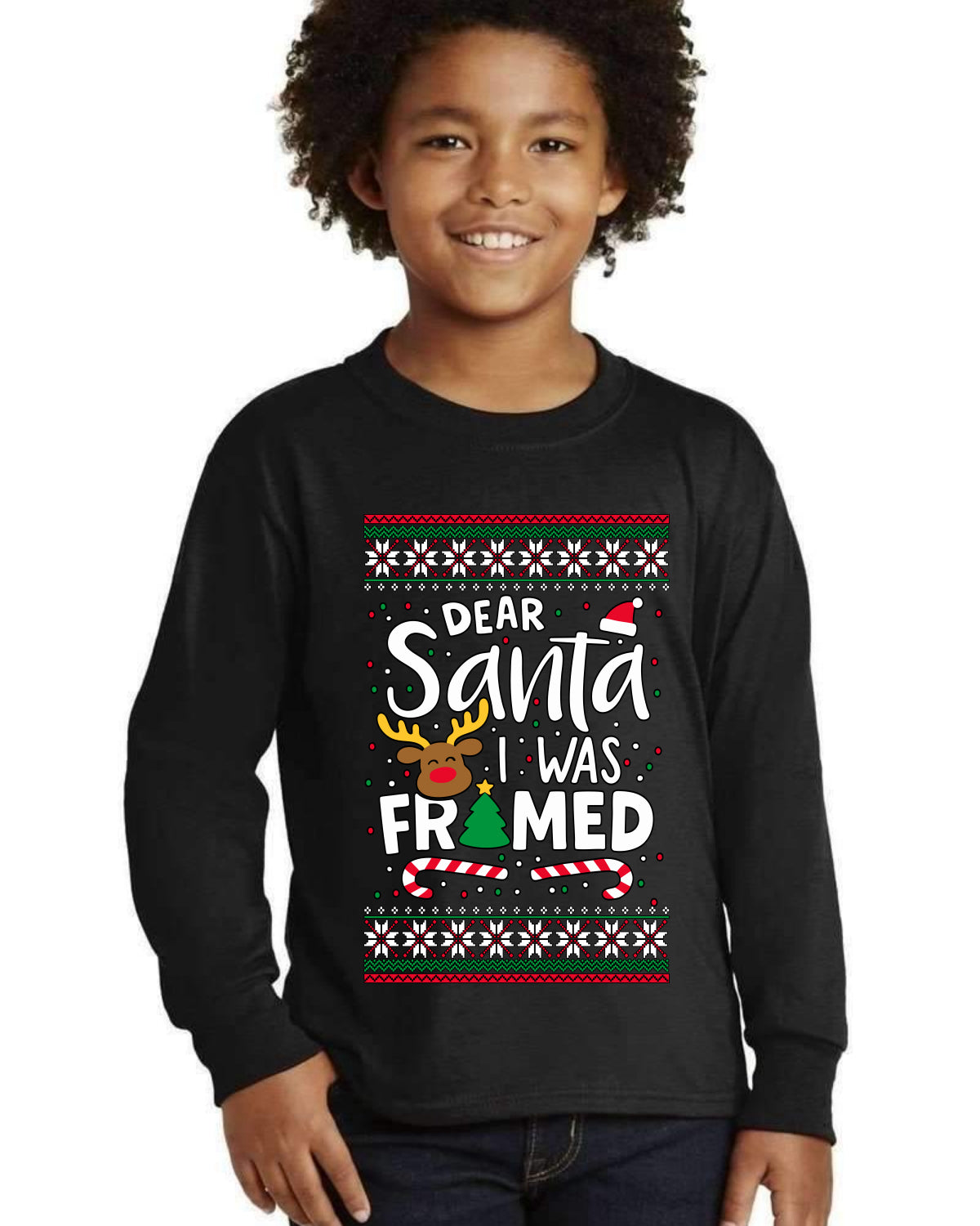 Dear Santa I Was Framed Ugly Christmas Sweater For Kids | Youth Longsleeve Shirt
