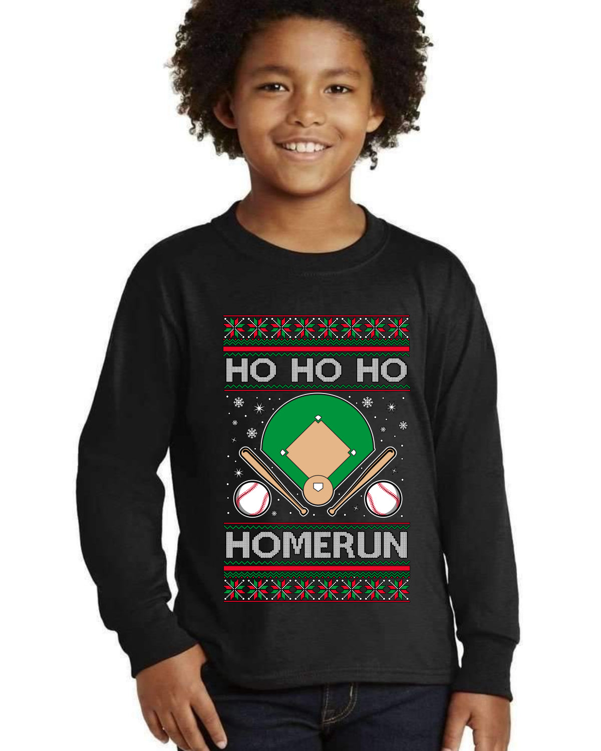 Ho Ho Ho Homerun, Baseball Fan Christmas Design Ugly Christmas Sweater For Kids | Youth Longsleeve Shirt