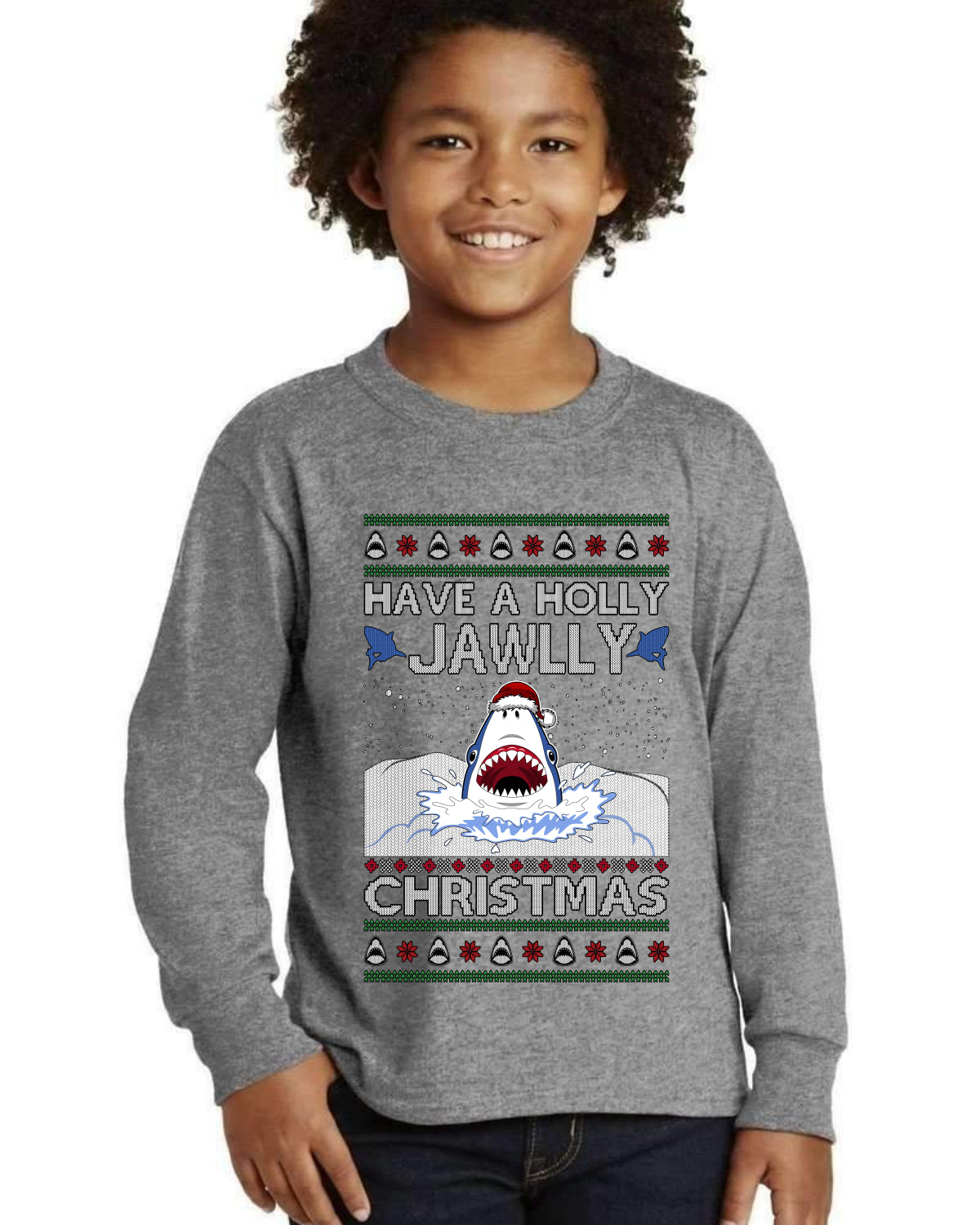 Have a Holly Jawlly Christmas, Cute Shark Ugly Christmas Sweater For Kids | Youth Longsleeve Shirt
