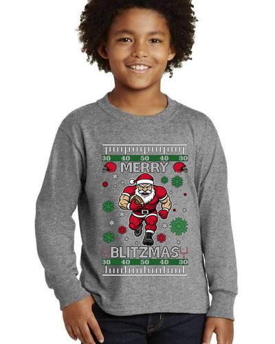 Merry Blitzmas, Football Christmas Sweater Design Ugly Christmas Sweater For Kids | Youth Longsleeve Shirt