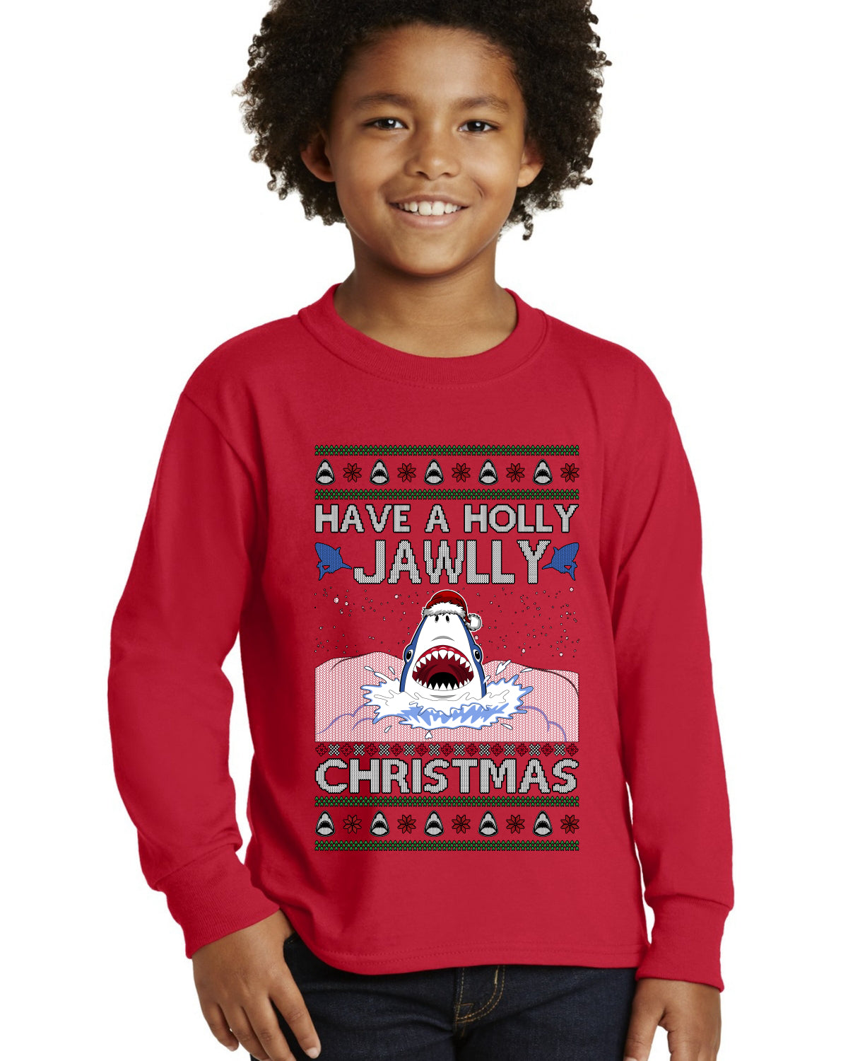 Have a Holly Jawlly Christmas, Cute Shark Ugly Christmas Sweater For Kids | Youth Longsleeve Shirt