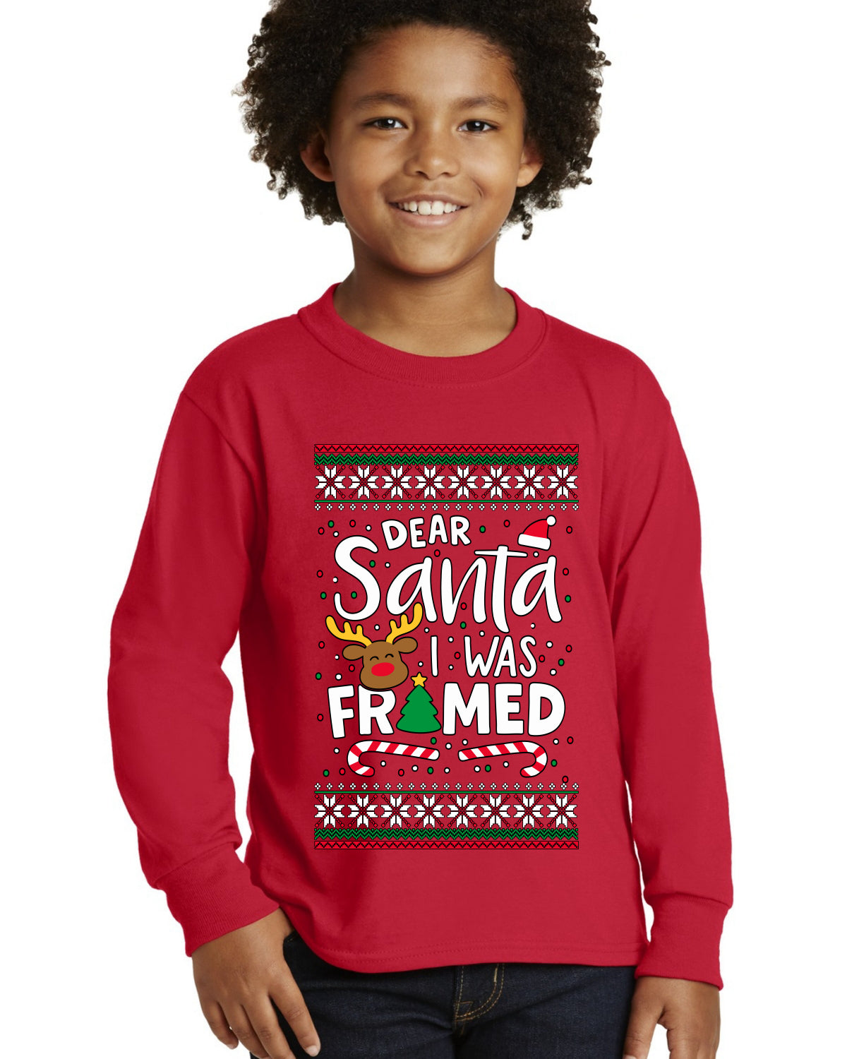 Dear Santa I Was Framed Ugly Christmas Sweater For Kids | Youth Longsleeve Shirt