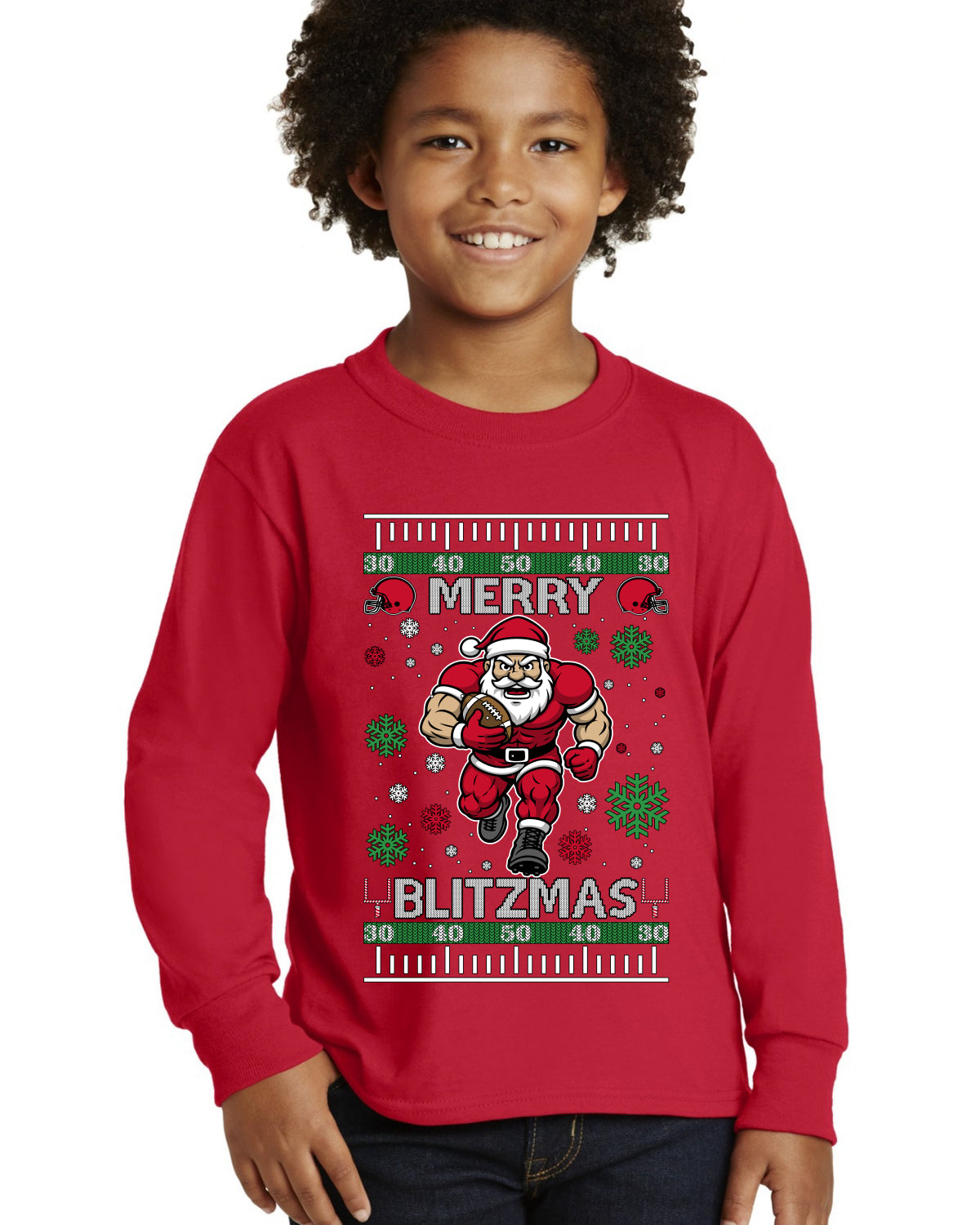 Merry Blitzmas, Football Christmas Sweater Design Ugly Christmas Sweater For Kids | Youth Longsleeve Shirt