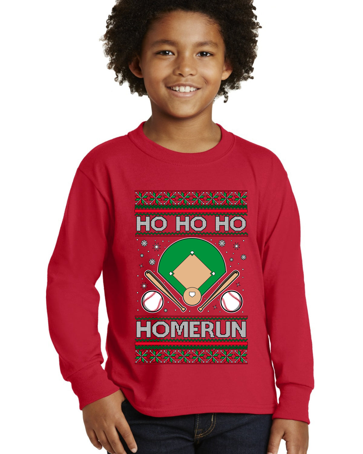 Ho Ho Ho Homerun, Baseball Fan Christmas Design Ugly Christmas Sweater For Kids | Youth Longsleeve Shirt