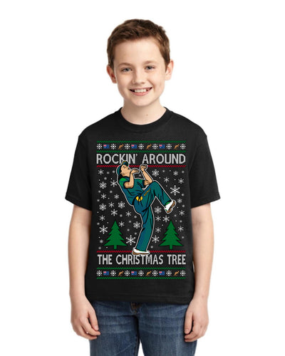 Rockin Around the Christmas Tree Raygun Viral Breakdancer Ugly Christmas Unisex Boys Girls Graphic Youth T-shirt