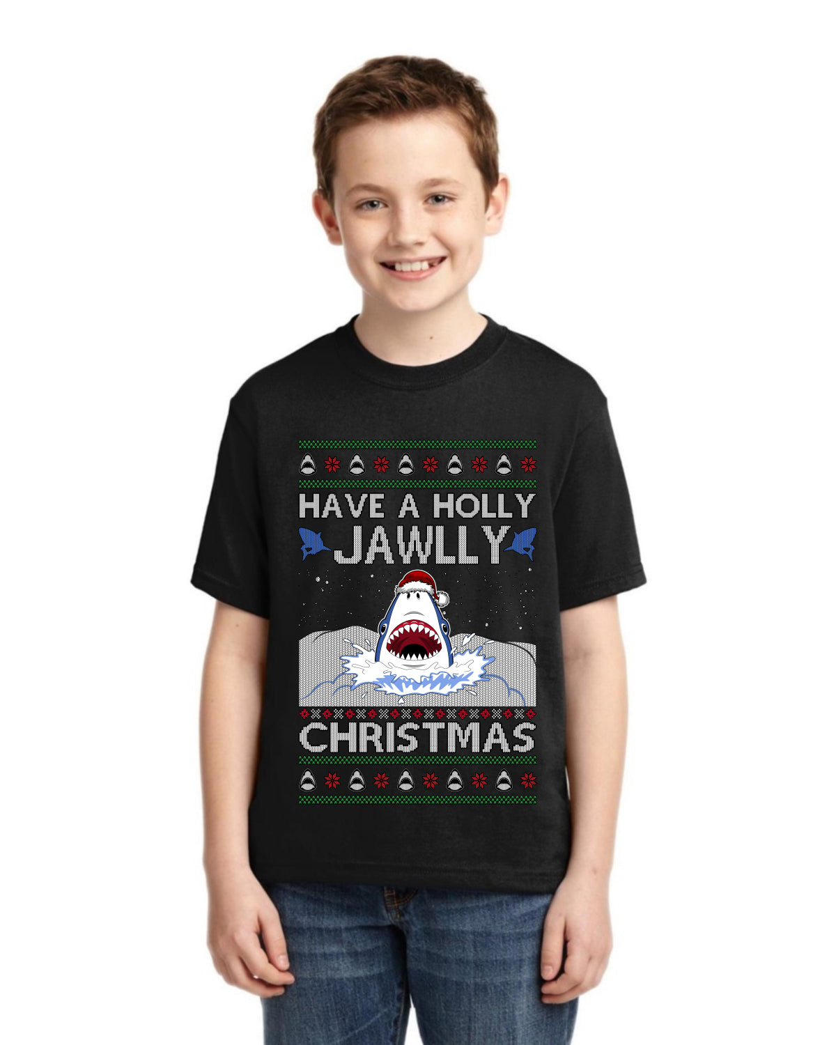 Have a Holly Jawlly Christmas, Cute Shark Ugly Christmas Sweater For Kids | Unisex Boys Girls Graphic Youth T-Shirt