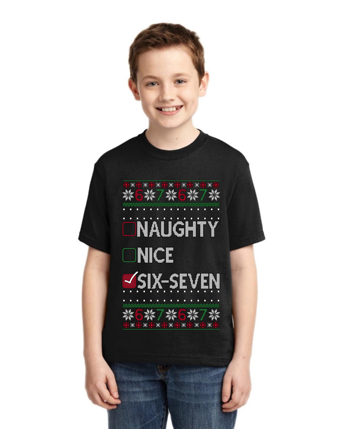 Naughty Nice 6 7 Checklist Ugly Christmas Sweater For Kids | Unisex Boys Girls Graphic Youth T-Shirt