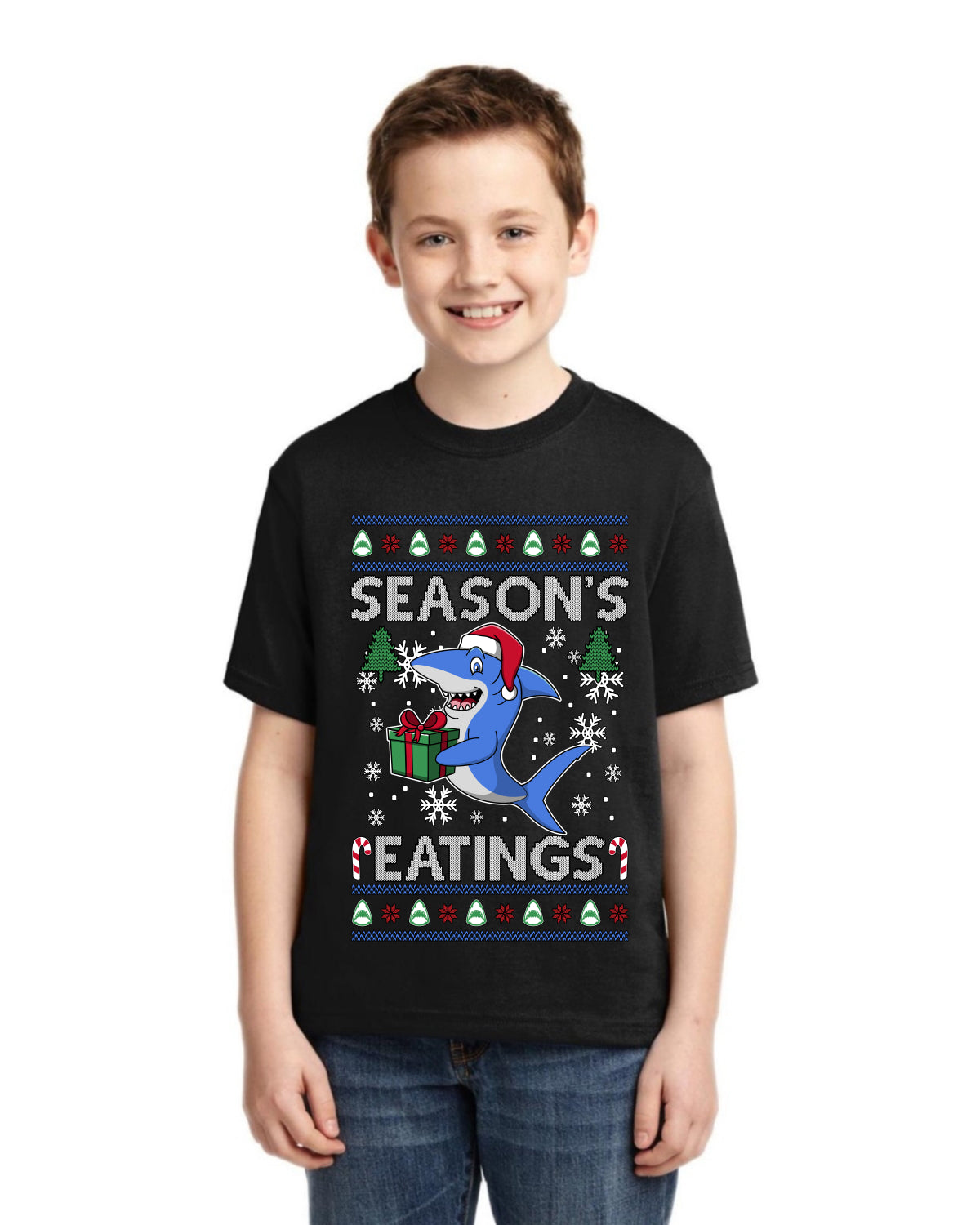 Season's Eatings Shark Ugly Christmas Sweater For Kids | Unisex Boys Girls Graphic Youth T-Shirt