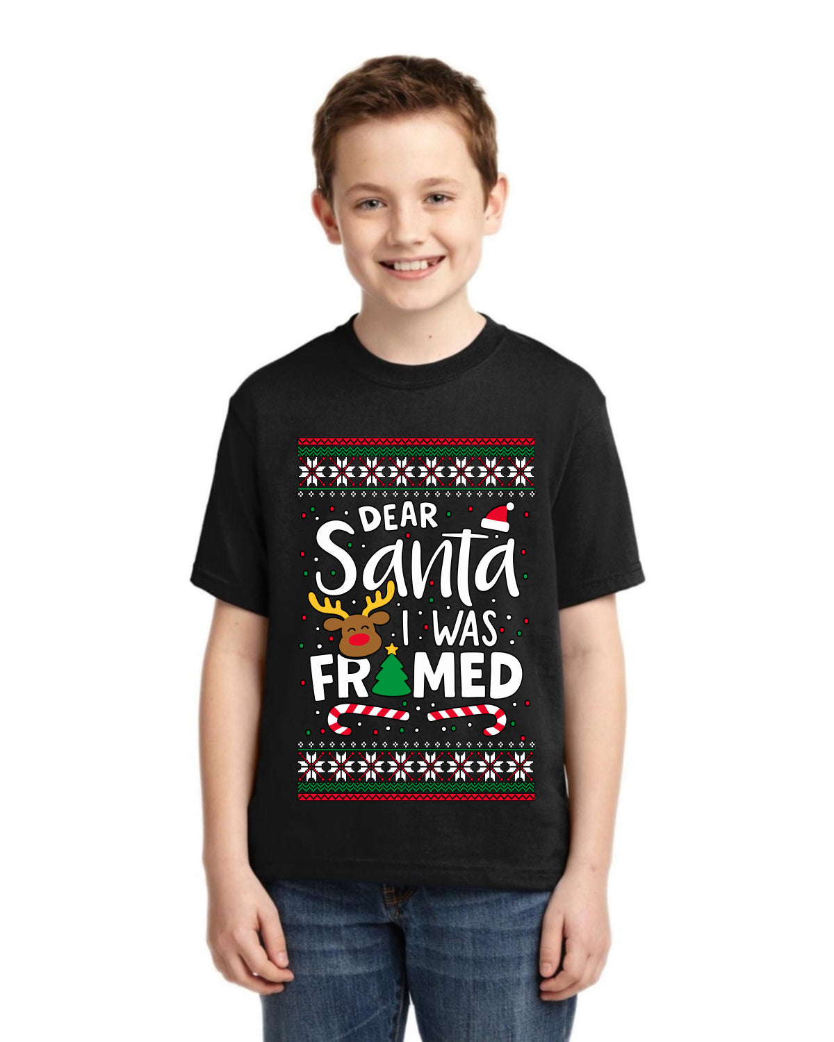Dear Santa I Was Framed Ugly Christmas Sweater For Kids | Unisex Boys Girls Graphic Youth T-Shirt