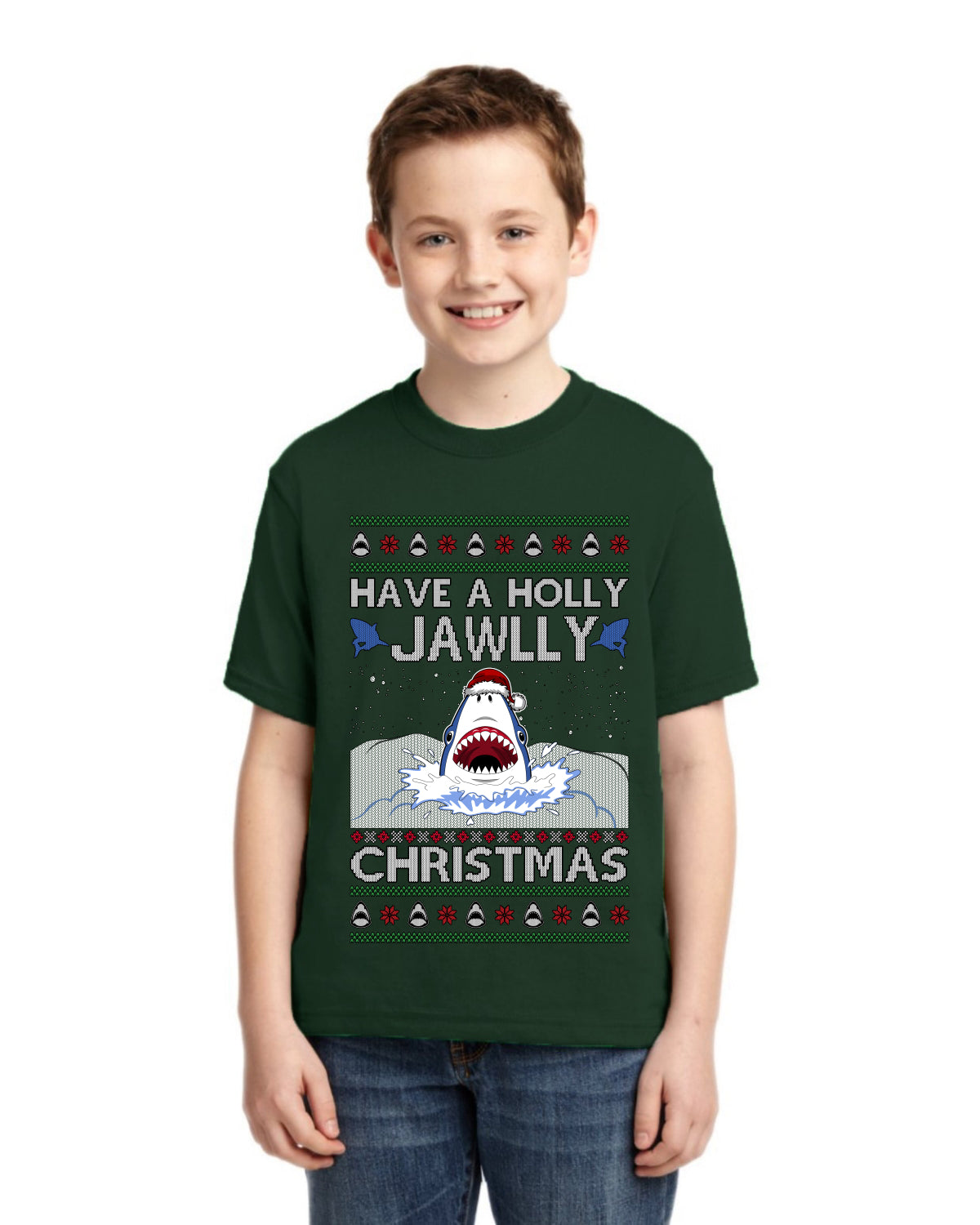 Have a Holly Jawlly Christmas, Cute Shark Ugly Christmas Sweater For Kids | Unisex Boys Girls Graphic Youth T-Shirt