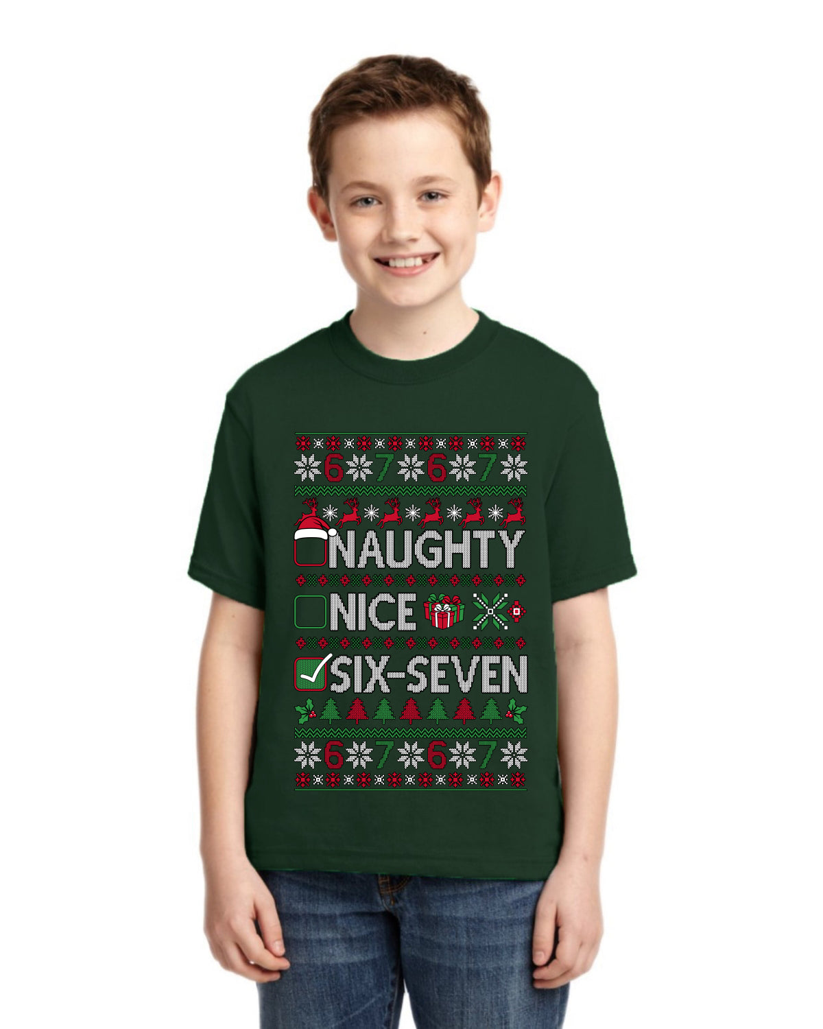 Naughty Nice 6 7 Checklist Ugly Christmas Sweater For Kids | Unisex Boys Girls Graphic Youth T-Shirt