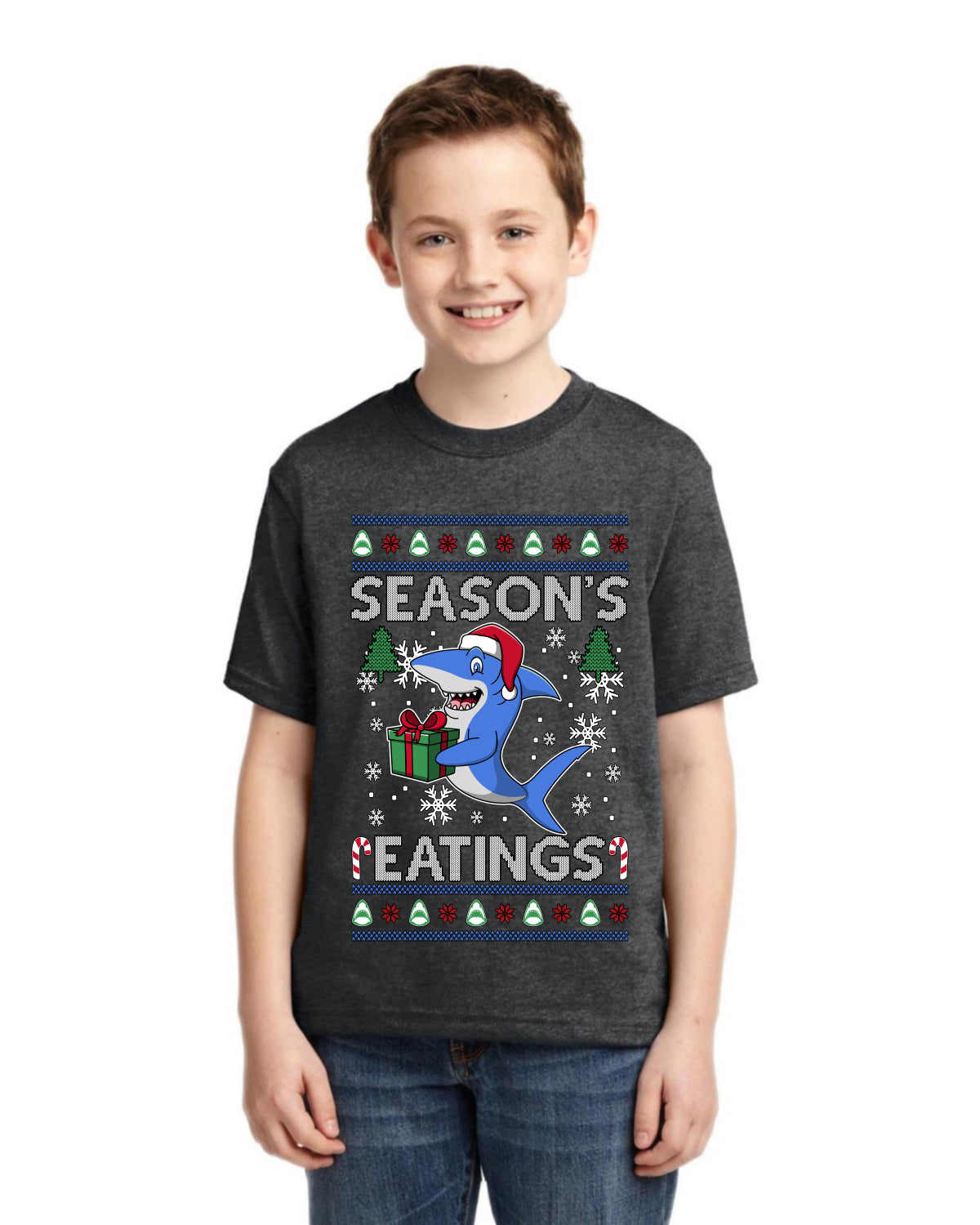 Season's Eatings Shark Ugly Christmas Sweater For Kids | Unisex Boys Girls Graphic Youth T-Shirt