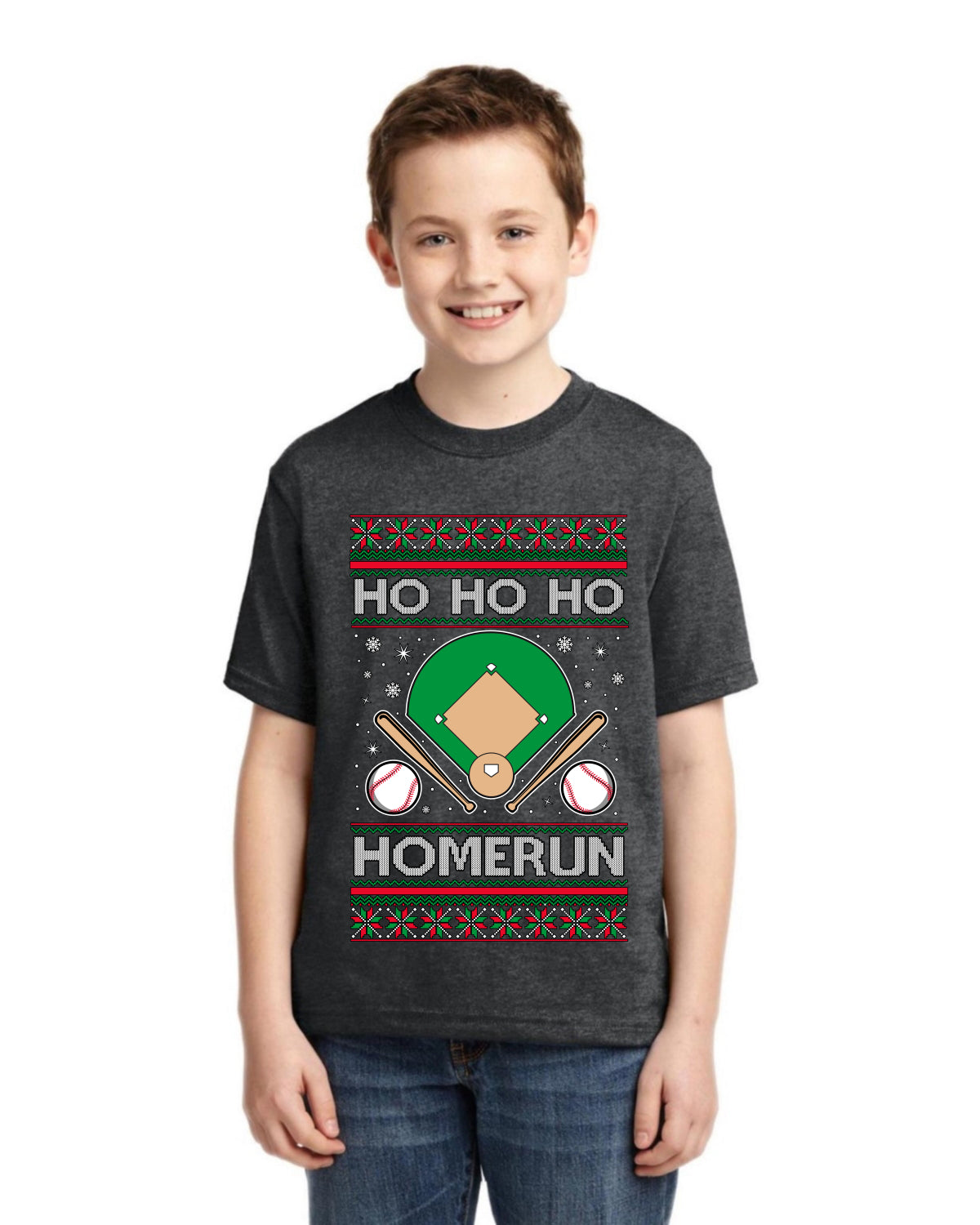 Ho Ho Ho Homerun, Baseball Fan Christmas Design Ugly Christmas Sweater For Kids | Unisex Boys Girls Graphic Youth T-Shirt