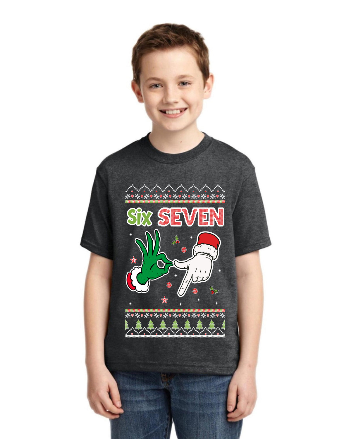 6 7 Christmas Hands Ugly Christmas Sweater For Kids | Unisex Boys Girls Graphic Youth T-Shirt