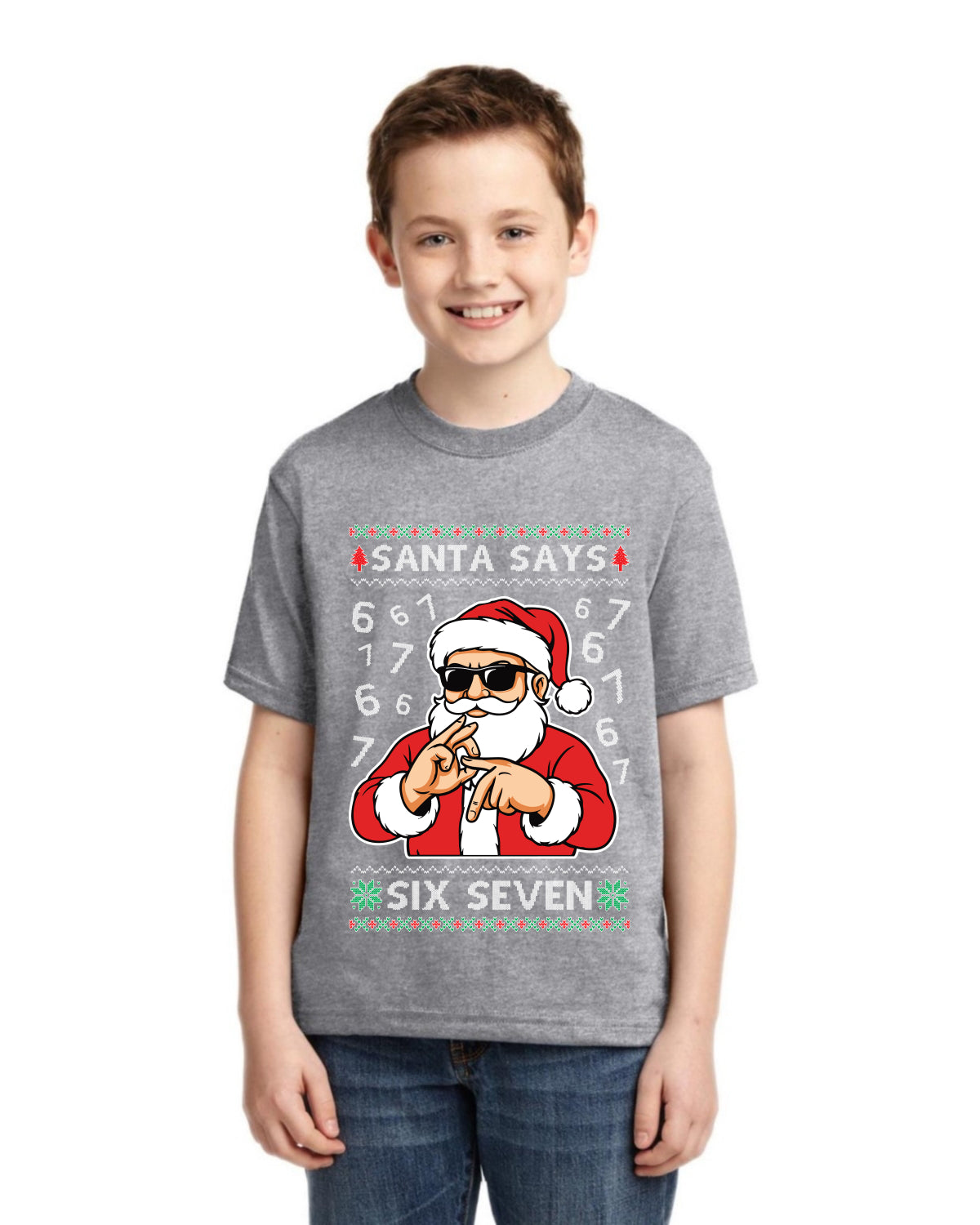 Santa Says 6 7 Numbers Meme Ugly Christmas Sweater For Kids | Unisex Boys Girls Graphic Youth T-Shirt