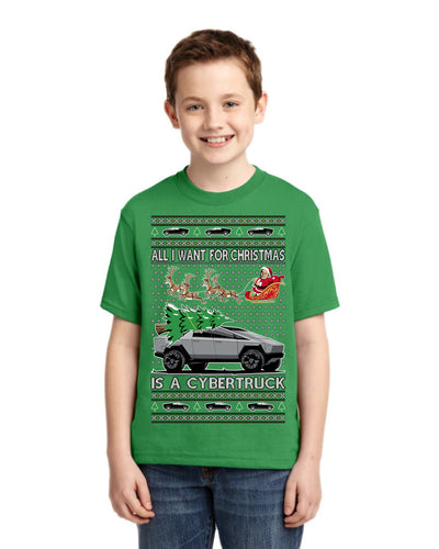 All I Want for Christmas is a Cybertruck Funny Tech Ugly Christmas Unisex Boys Girls Graphic Youth T-shirt