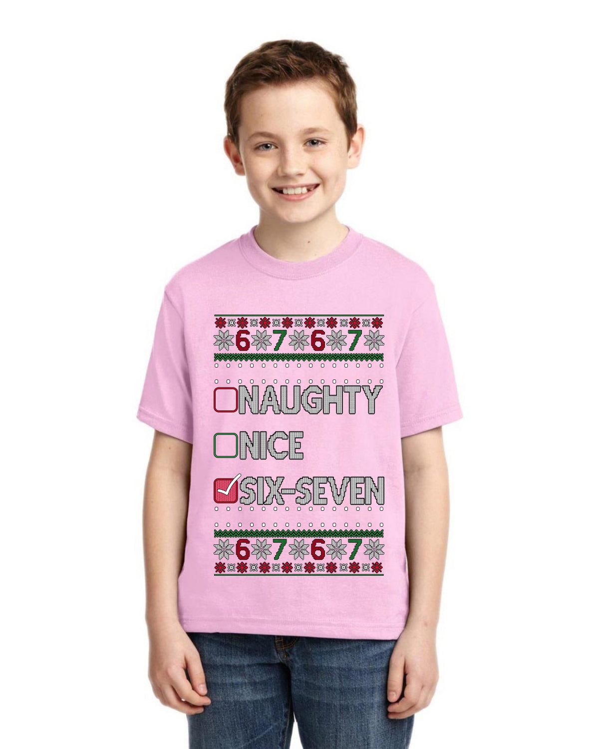 Naughty Nice 6 7 Checklist Ugly Christmas Sweater For Kids | Unisex Boys Girls Graphic Youth T-Shirt