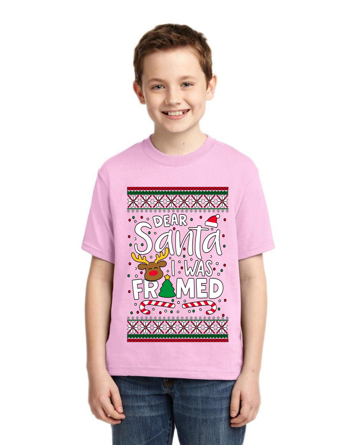 Dear Santa I Was Framed Ugly Christmas Sweater For Kids | Unisex Boys Girls Graphic Youth T-Shirt