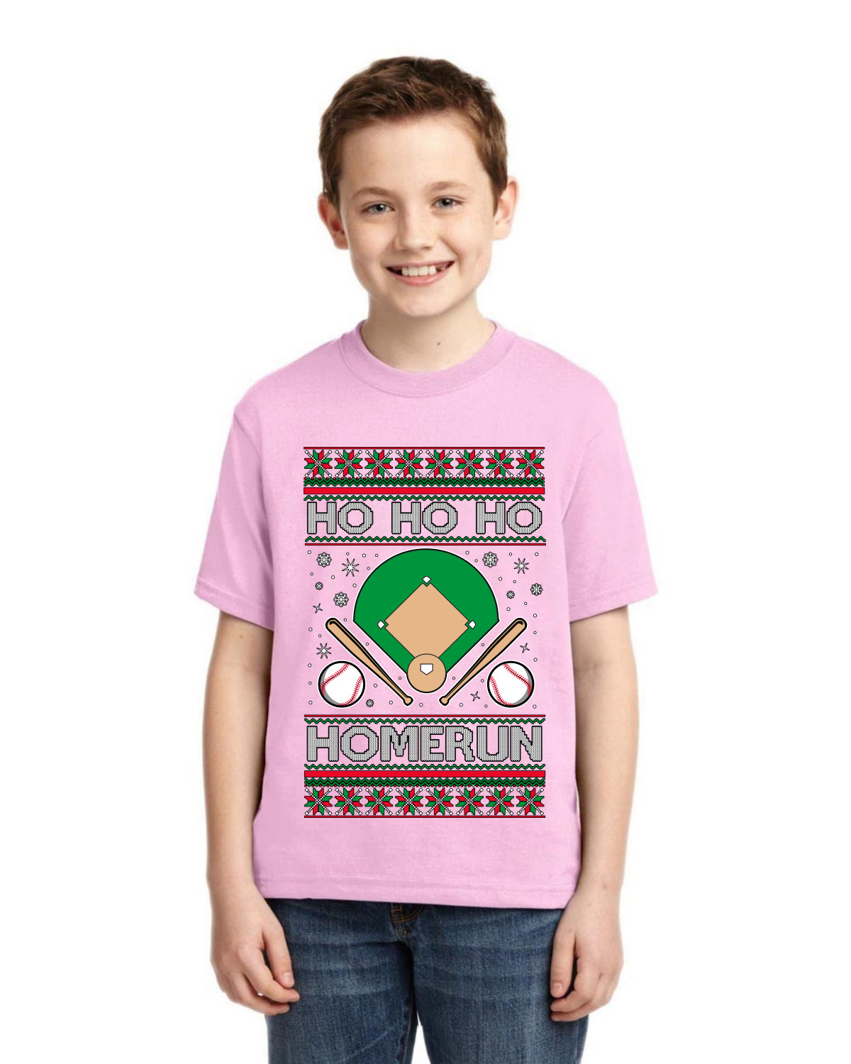Ho Ho Ho Homerun, Baseball Fan Christmas Design Ugly Christmas Sweater For Kids | Unisex Boys Girls Graphic Youth T-Shirt
