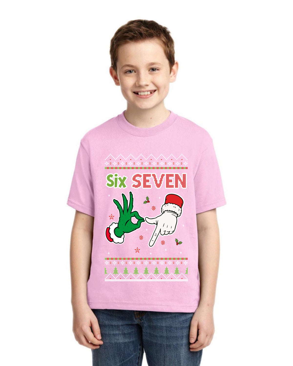 6 7 Christmas Hands Ugly Christmas Sweater For Kids | Unisex Boys Girls Graphic Youth T-Shirt