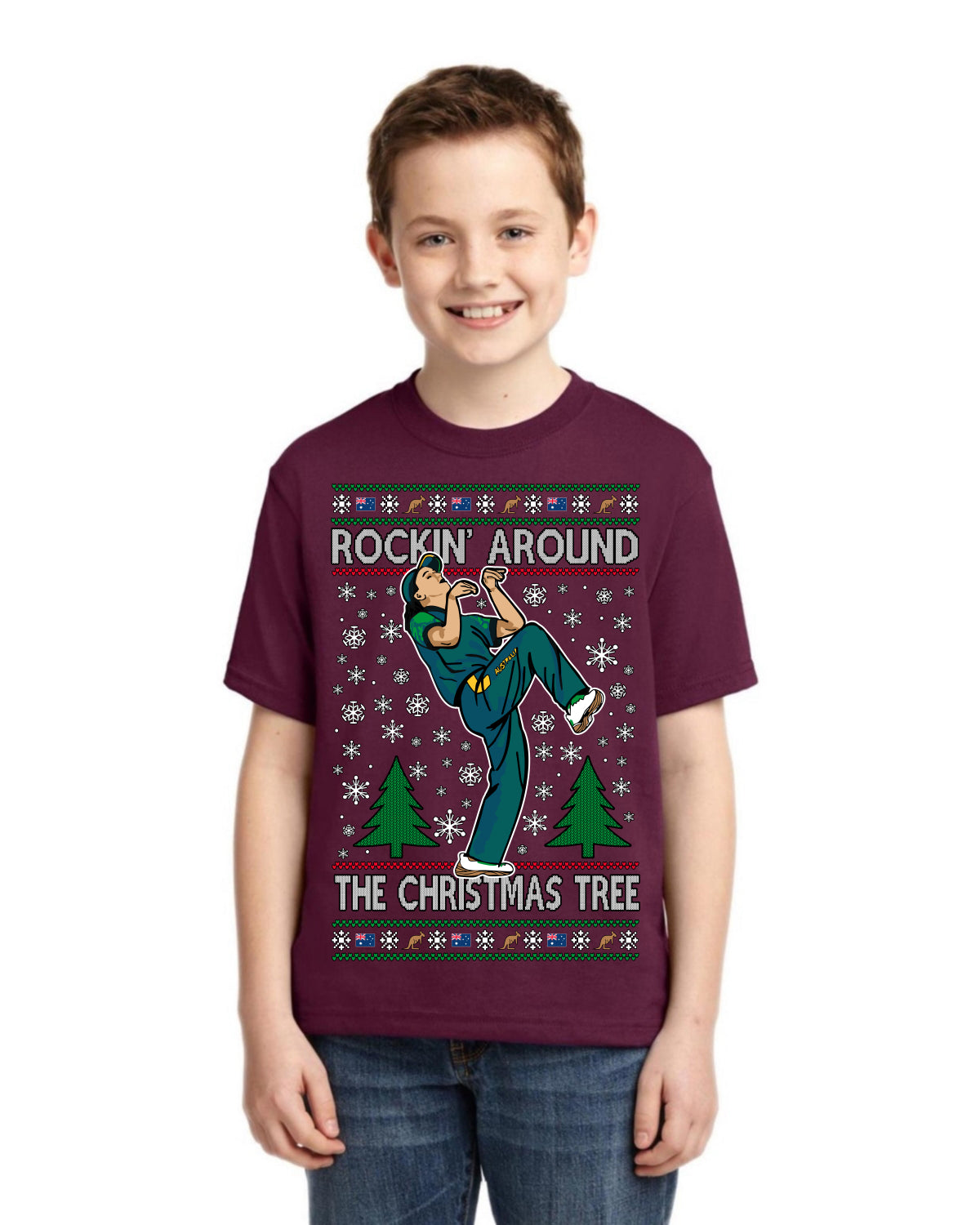 Rockin Around the Christmas Tree Raygun Viral Breakdancer Ugly Christmas Unisex Boys Girls Graphic Youth T-shirt