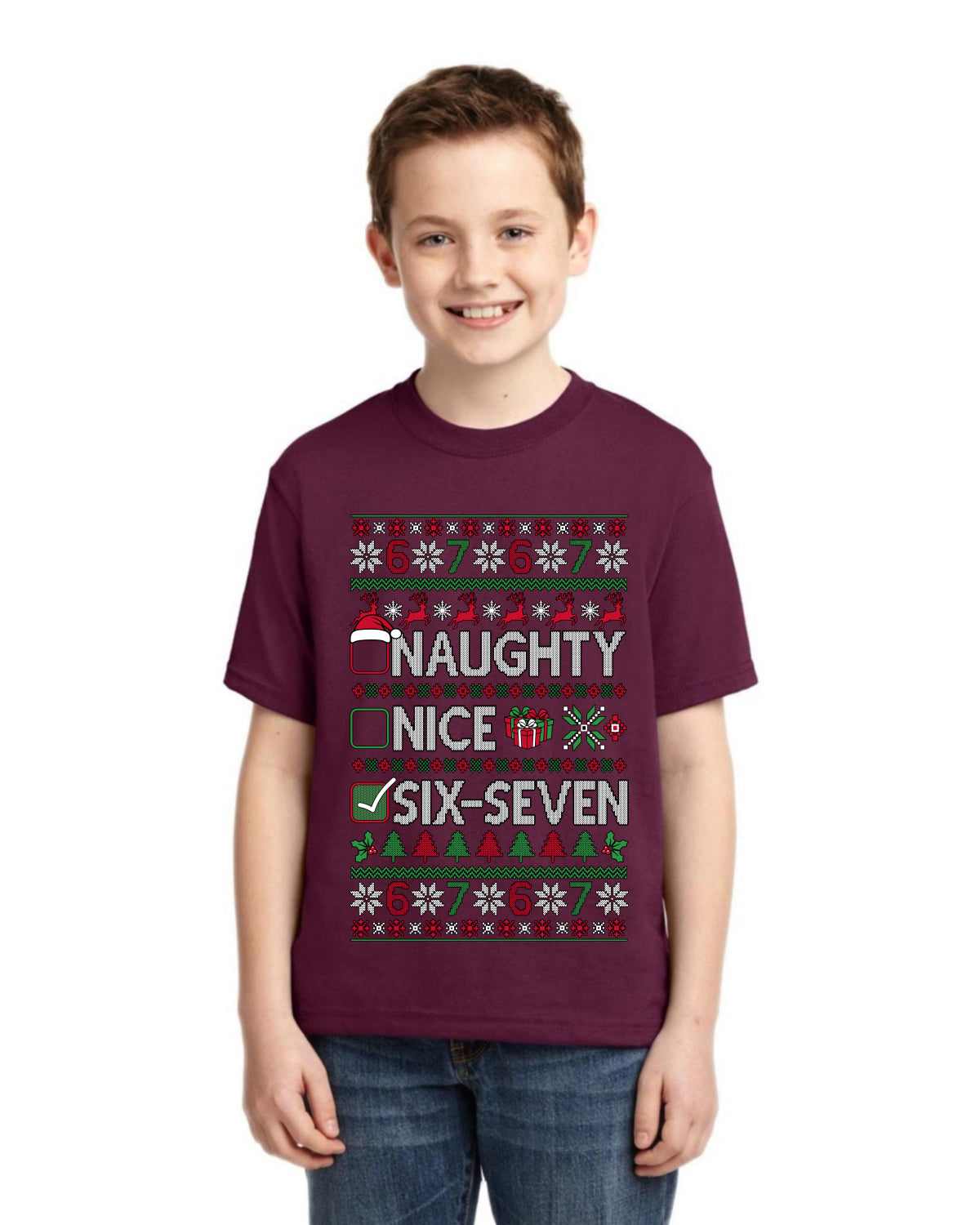 Naughty Nice 6 7 Checklist Ugly Christmas Sweater For Kids | Unisex Boys Girls Graphic Youth T-Shirt