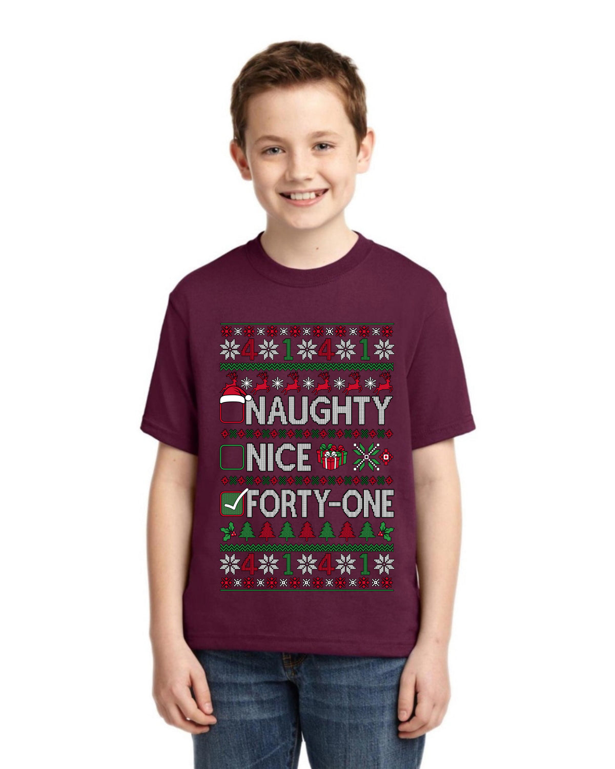 Naughty Nice 4 1 Checklist Ugly Christmas Sweater For Kids | Unisex Boys Girls Graphic Youth T-Shirt
