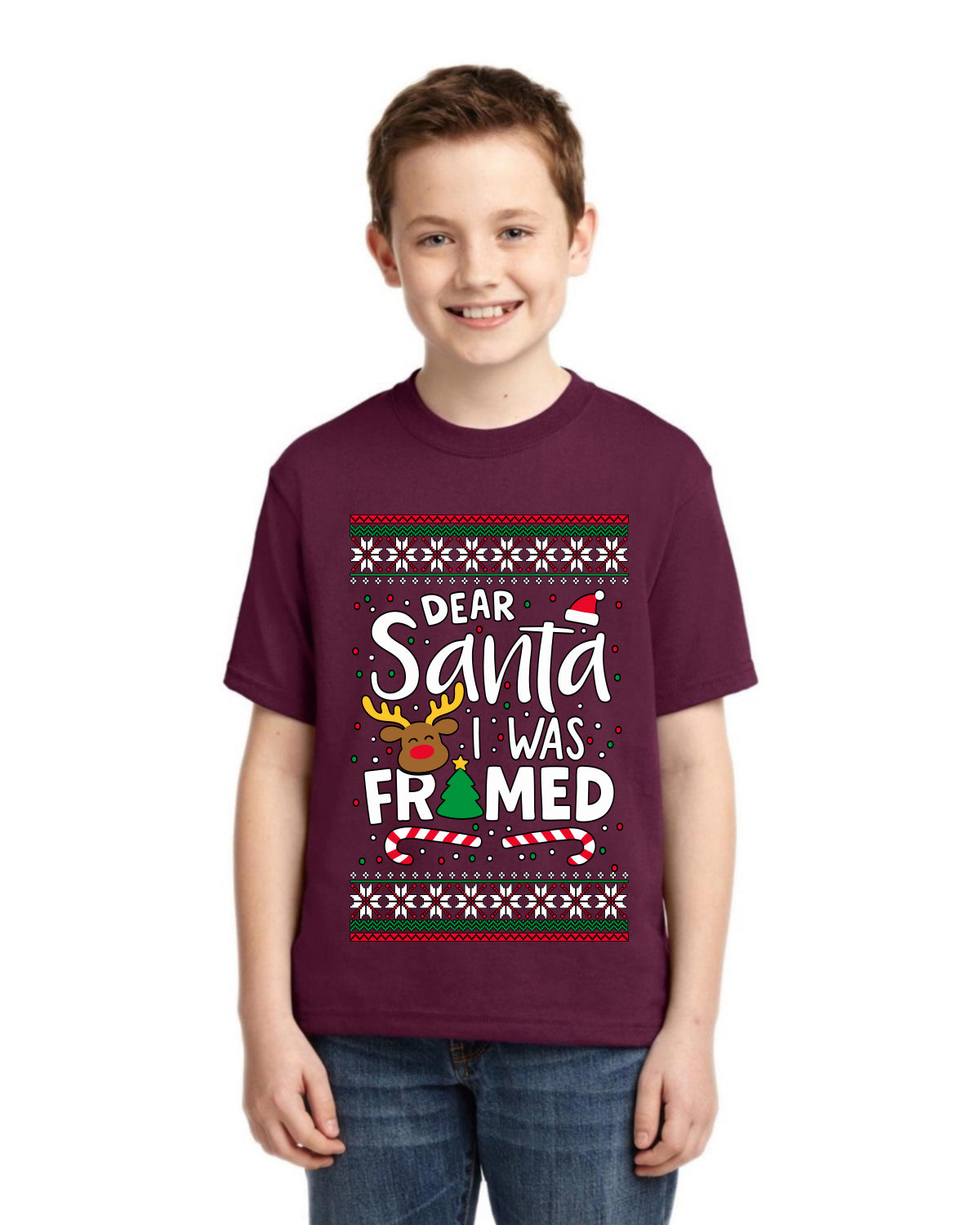 Dear Santa I Was Framed Ugly Christmas Sweater For Kids | Unisex Boys Girls Graphic Youth T-Shirt