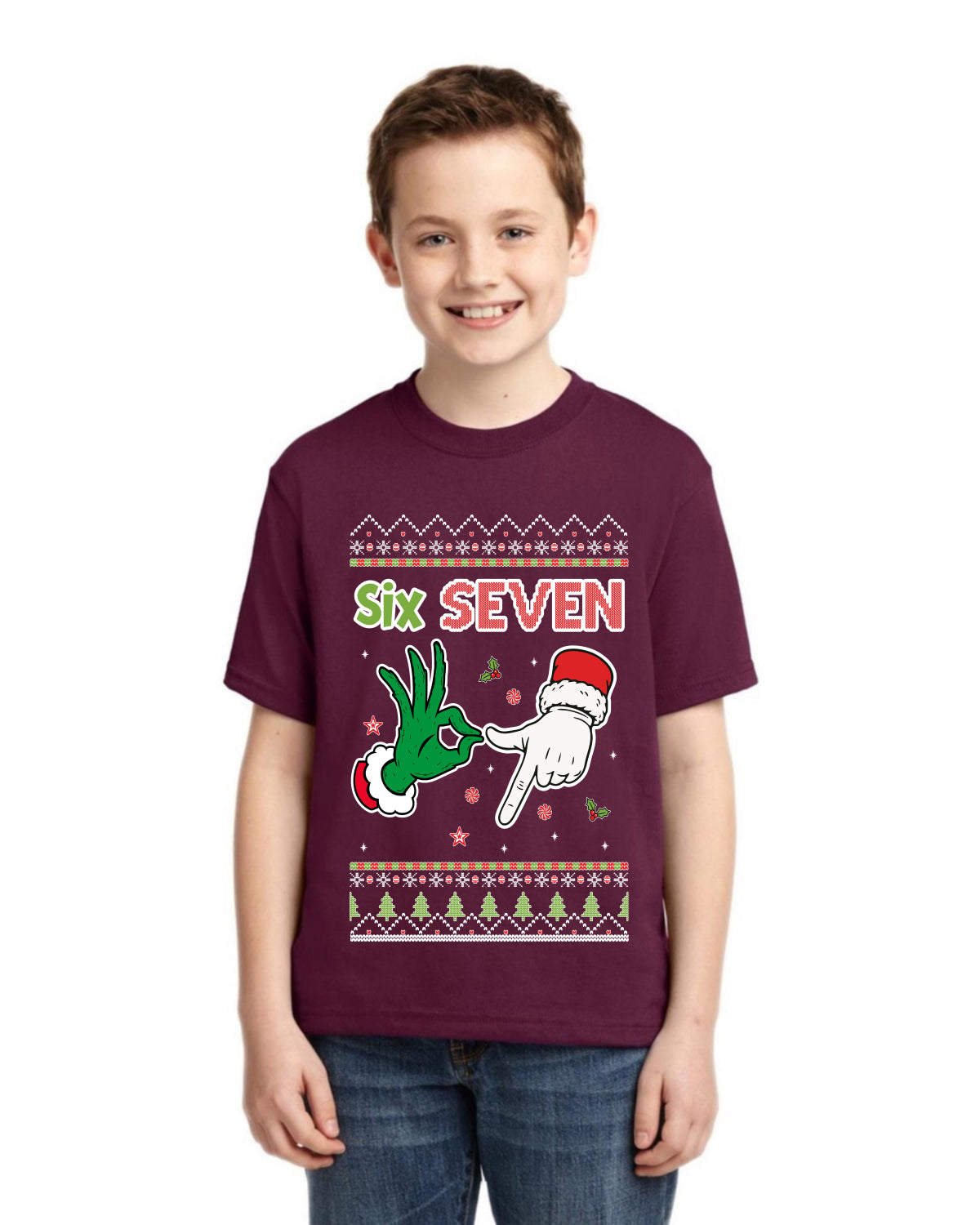 6 7 Christmas Hands Ugly Christmas Sweater For Kids | Unisex Boys Girls Graphic Youth T-Shirt
