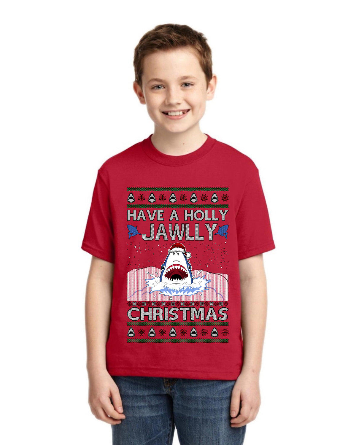 Have a Holly Jawlly Christmas, Cute Shark Ugly Christmas Sweater For Kids | Unisex Boys Girls Graphic Youth T-Shirt