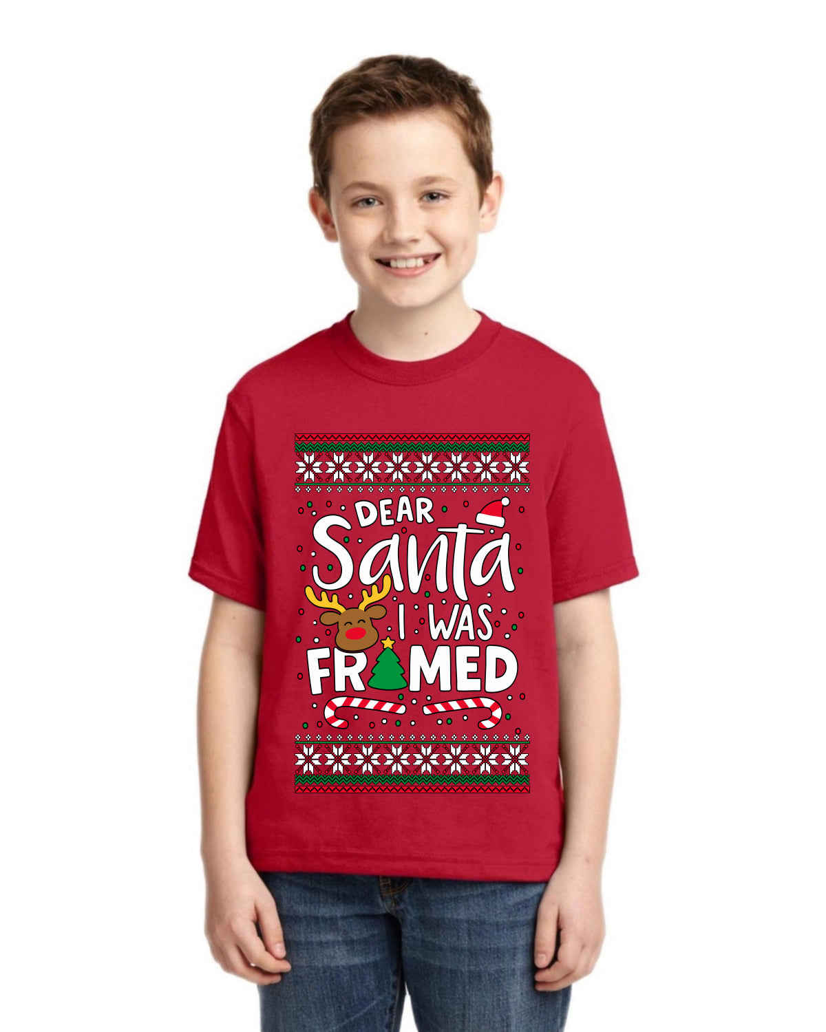 Dear Santa I Was Framed Ugly Christmas Sweater For Kids | Unisex Boys Girls Graphic Youth T-Shirt