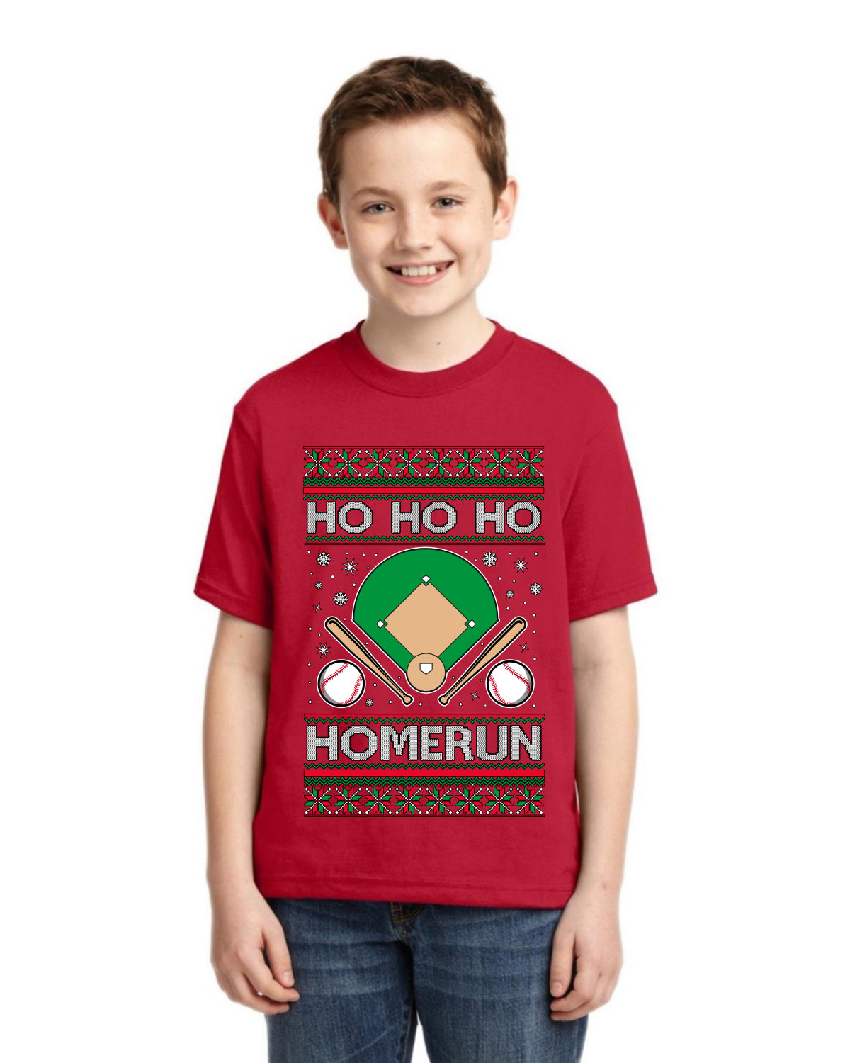 Ho Ho Ho Homerun, Baseball Fan Christmas Design Ugly Christmas Sweater For Kids | Unisex Boys Girls Graphic Youth T-Shirt