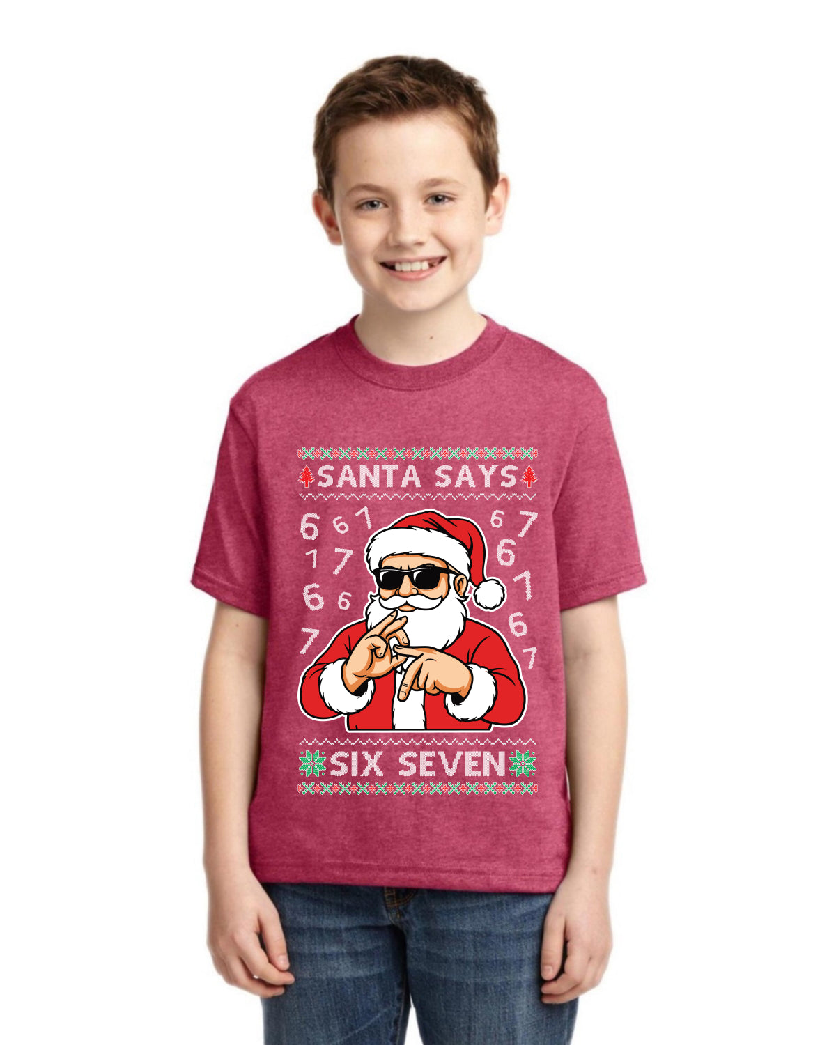 Santa Says 6 7 Numbers Meme Ugly Christmas Sweater For Kids | Unisex Boys Girls Graphic Youth T-Shirt