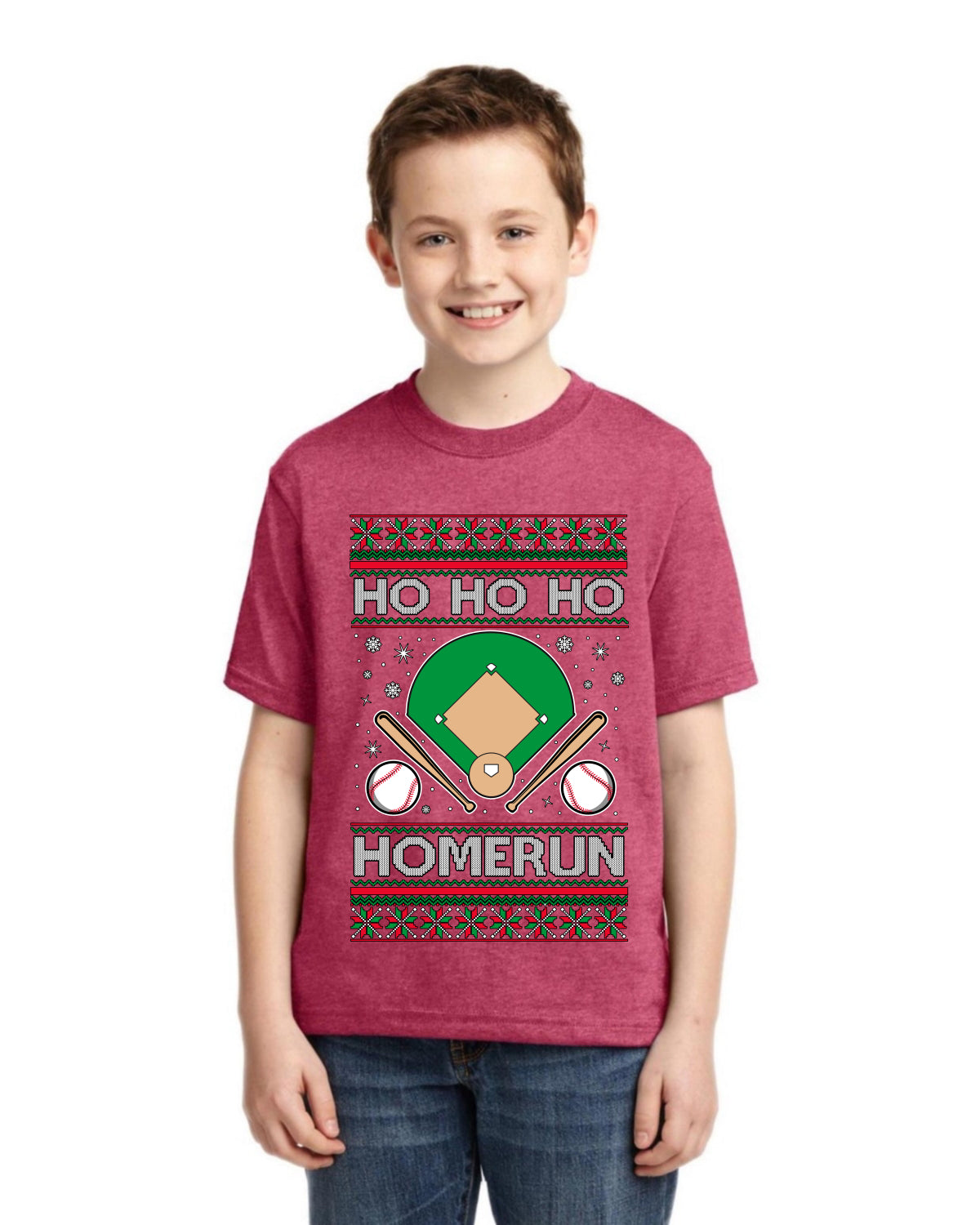 Ho Ho Ho Homerun, Baseball Fan Christmas Design Ugly Christmas Sweater For Kids | Unisex Boys Girls Graphic Youth T-Shirt