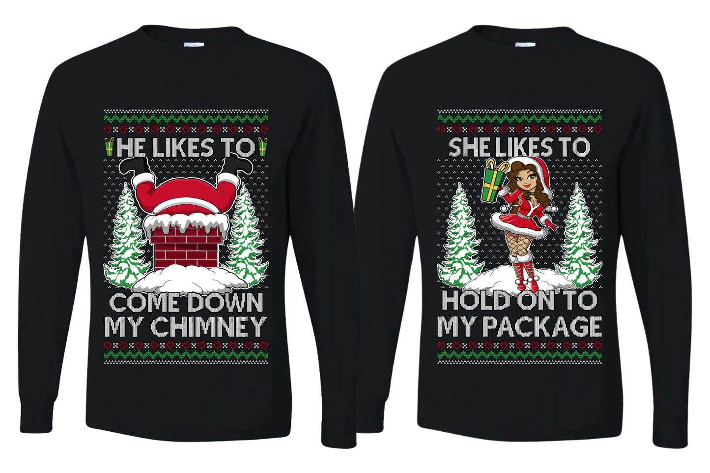 Come Down My Chimney Hold My Package Sweater Girlfriend Boyfriend Gift His and Hers Matching Ugly Christmas Couple Long Sleeve Shirt