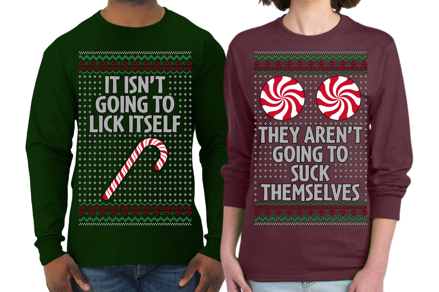 It Isn't Going to Lick Itself Candy Cane They Won't Suck Themselves Funny Couples Shirt Girlfriend Boyfriend Gift His and Hers Matching Ugly Christmas Couple Long Sleeve Shirt