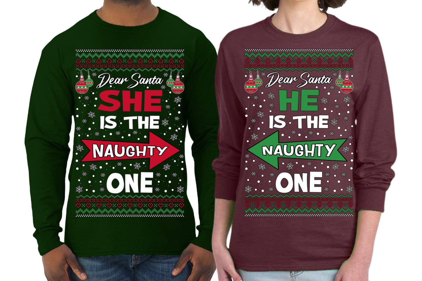 She is Naughty One, He is the Naughty One Funny Couples Shirt Girlfriend Boyfriend Gift His and Hers Matching Ugly Christmas Couple Long Sleeve Shirt