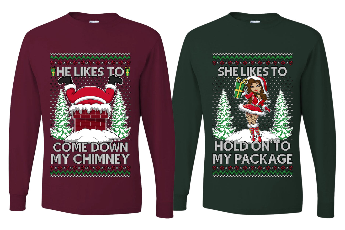 Come Down My Chimney Hold My Package Sweater Girlfriend Boyfriend Gift His and Hers Matching Ugly Christmas Couple Long Sleeve Shirt