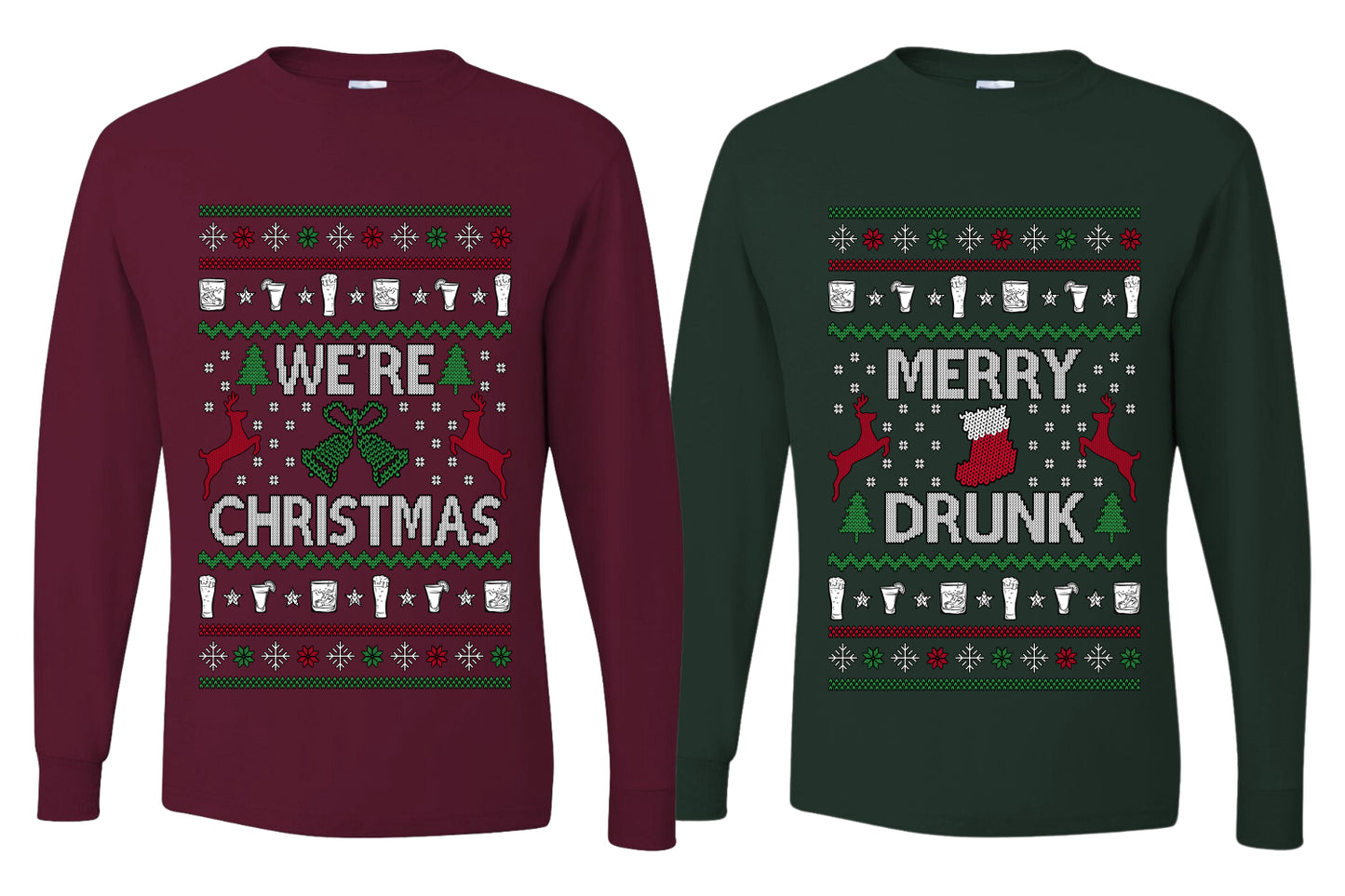Merry Drunk We're Christmas Sweater Girlfriend Boyfriend Gift His and Hers Matching Ugly Christmas Couple Long Sleeve Shirt