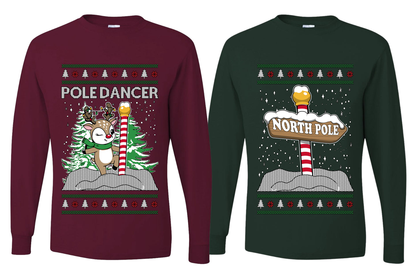 North Pole, Pole Dancer Sweater Girlfriend Boyfriend Gift His and Hers Matching Ugly Christmas Couple Long Sleeve Shirt
