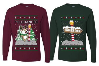 North Pole, Pole Dancer Sweater Girlfriend Boyfriend Gift His and Hers Matching Ugly Christmas Couple Long Sleeve Shirt