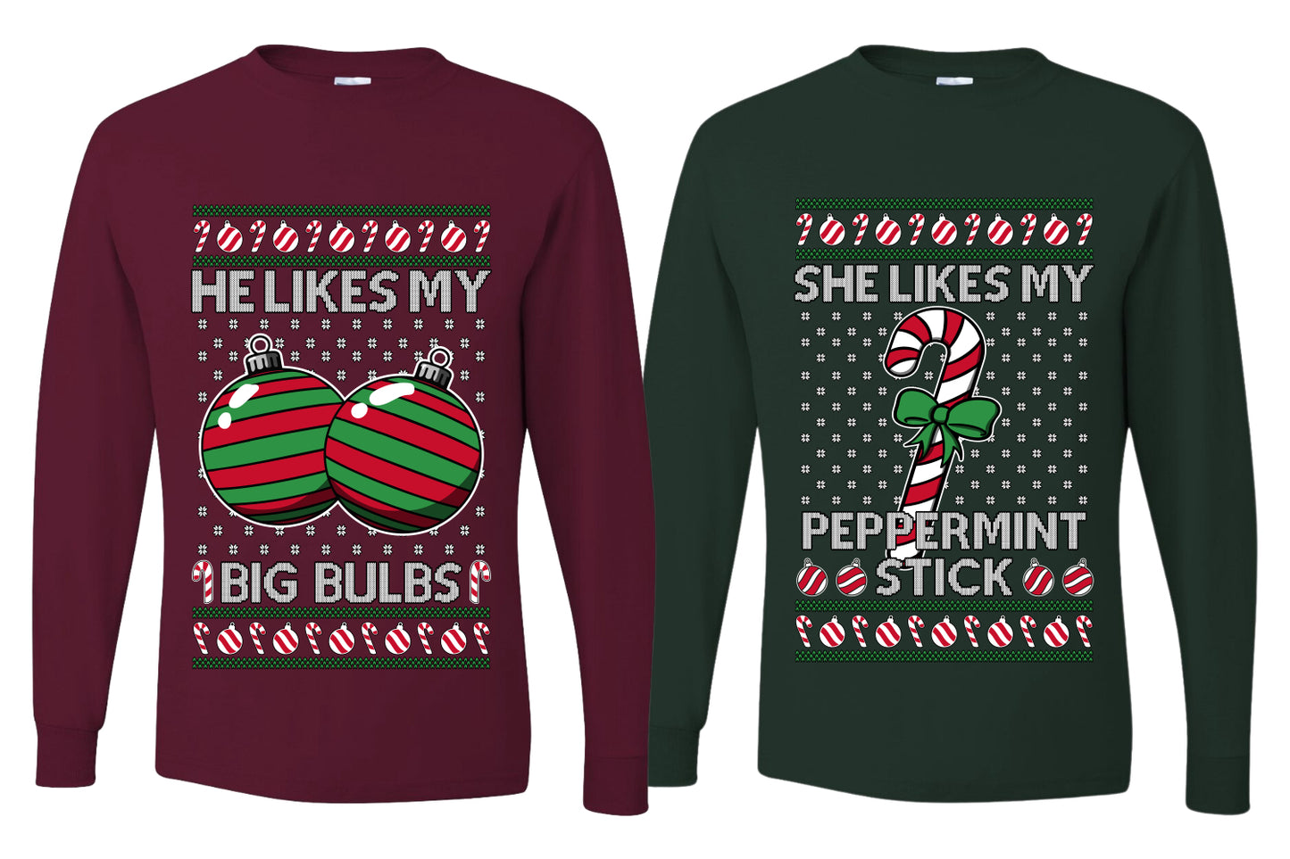 She Likes My Peppermint Stick, He Likes My Big Bulbs Sweater Girlfriend Boyfriend Gift His and Hers Matching Ugly Christmas Couple Long Sleeve Shirt